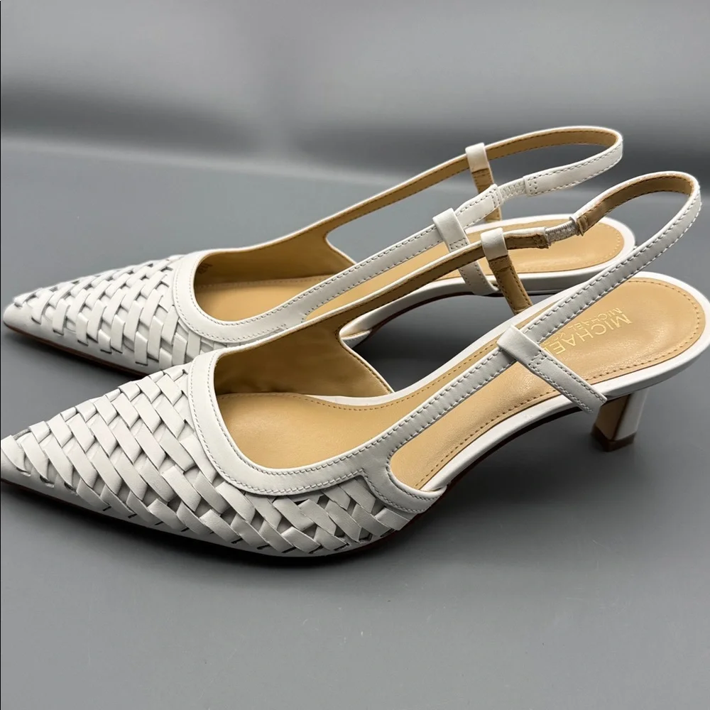 Michael Kors White Woven Pointed-Toe Slingback Heels